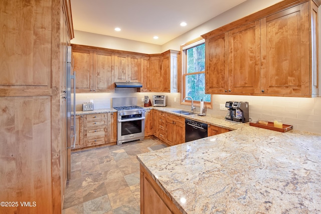 405 Greenwaye Cir Unit 11-A, Eagle-Vail, CO 81620 - kitchen featuring high end stainless steel range, dishwasher, light stone countertops, backsplash, and under cabinet range hood