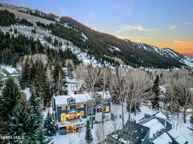 snowy aerial view with a mountain view