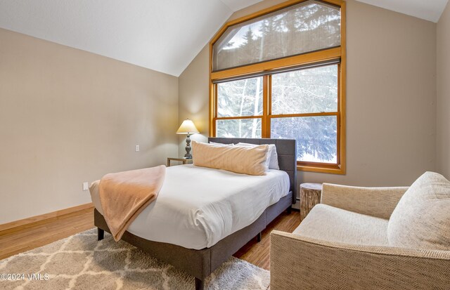 bedroom with vaulted ceiling and hardwood / wood-style floors