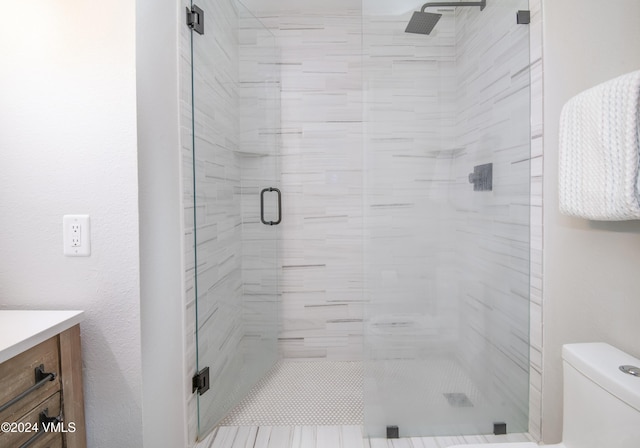 bathroom featuring vanity, toilet, and a shower with door