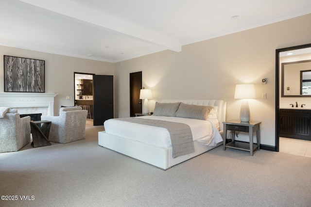 120 Offerson Rd Unit 7320, Beaver Creek, CO 81620 - carpeted bedroom featuring a high end fireplace, ensuite bathroom, crown molding, and beamed ceiling