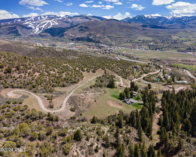 drone / aerial view featuring a mountain view