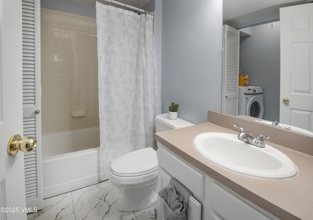 127 Jules Dr Unit D-204, Gypsum, CO 81637 - bathroom with washer / clothes dryer, toilet, vanity, shower / bath combo, and marble look tile flooring