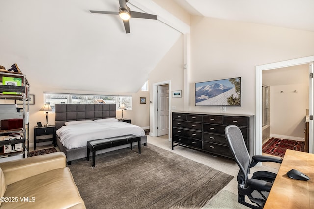 bedroom featuring ceiling fan, baseboards, carpet floors, and high vaulted ceiling