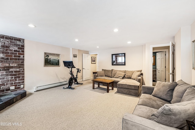 living room with recessed lighting, light colored carpet, baseboards, and a baseboard radiator