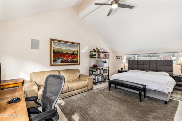 carpeted bedroom featuring lofted ceiling with beams and a ceiling fan