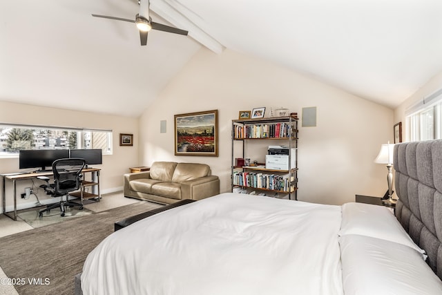 bedroom featuring baseboards, vaulted ceiling with beams, ceiling fan, and carpet floors