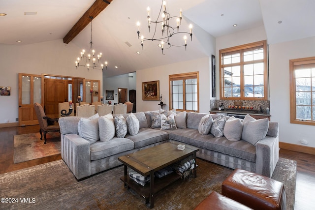 living room featuring beamed ceiling, high vaulted ceiling, a chandelier, and dark hardwood / wood-style flooring