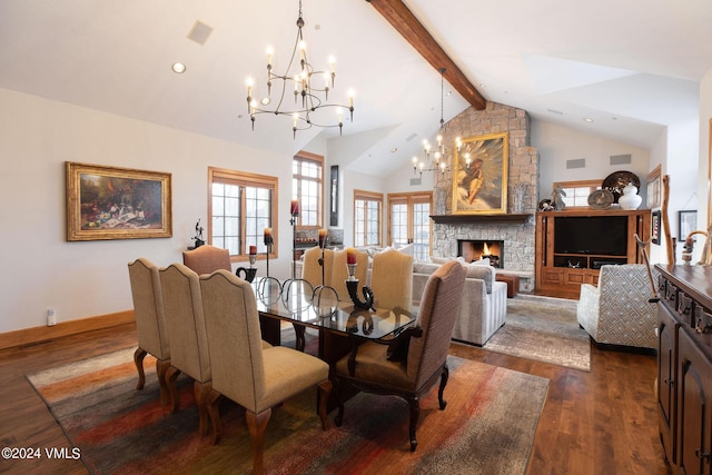 dining area with beam ceiling, high vaulted ceiling, dark hardwood / wood-style floors, a notable chandelier, and a fireplace