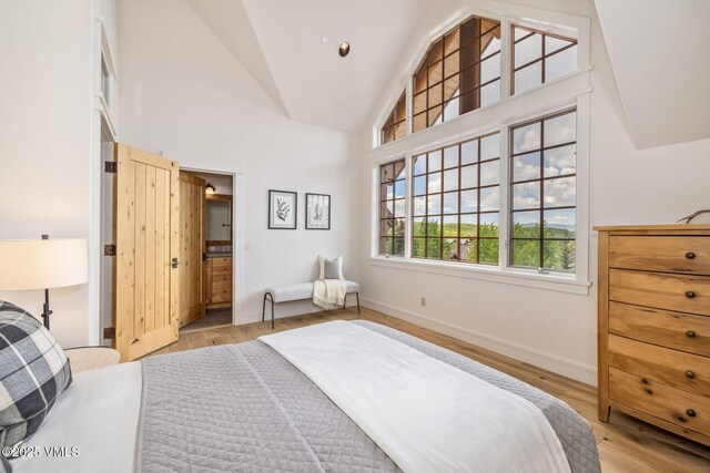 37 Hawley Ct, Edwards, CO 81632 - bedroom featuring light wood finished floors, high vaulted ceiling, and ensuite bathroom