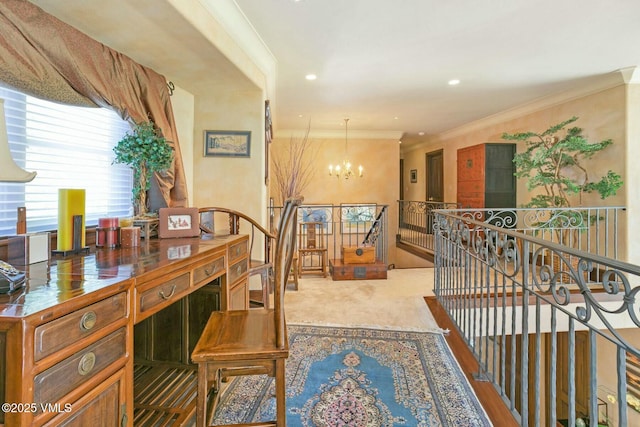 corridor featuring an upstairs landing, carpet flooring, crown molding, a chandelier, and recessed lighting