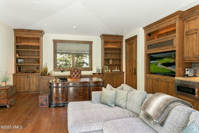 office area with vaulted ceiling, dark wood finished floors, and recessed lighting