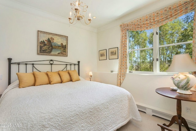 carpeted bedroom with a baseboard heating unit, ornamental molding, and an inviting chandelier