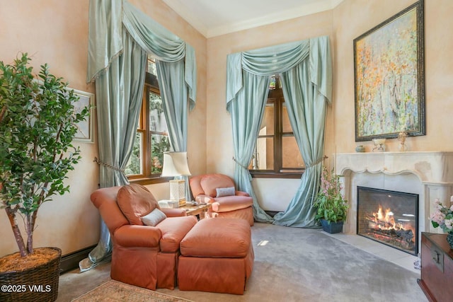 living area with carpet, a fireplace with flush hearth, and crown molding