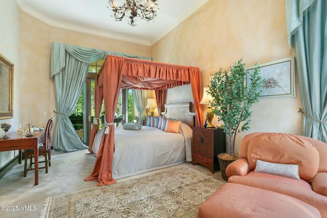 bedroom featuring a notable chandelier, a high ceiling, carpet flooring, access to outside, and crown molding