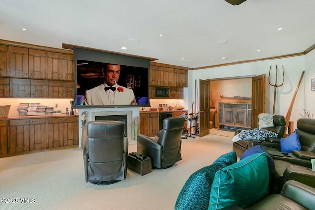 interior space featuring a fireplace, ornamental molding, brown cabinetry, and light colored carpet