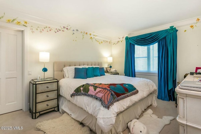 bedroom featuring light carpet and crown molding