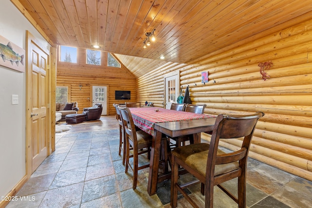320 Mill, Eagle, CO 81631 - dining area with stone tile flooring, wooden ceiling, high vaulted ceiling, and log walls