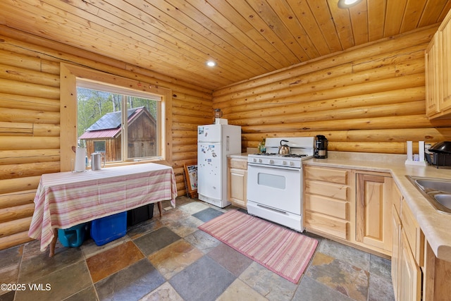 320 Mill, Eagle, CO 81631 - kitchen with white appliances, recessed lighting, light countertops, light brown cabinets, and wooden ceiling