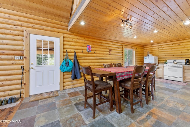 320 Mill, Eagle, CO 81631 - dining space featuring wood ceiling, healthy amount of natural light, recessed lighting, and stone tile flooring