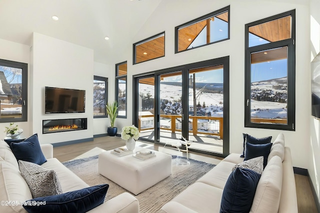 living area featuring baseboards, a glass covered fireplace, wood finished floors, high vaulted ceiling, and recessed lighting