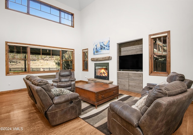 living room featuring wood-type flooring and a high ceiling