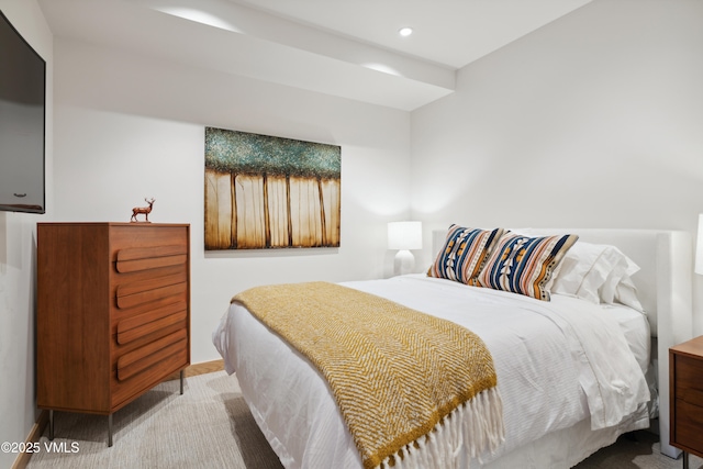 bedroom featuring recessed lighting and light colored carpet