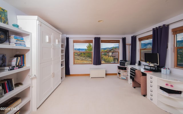 home office with a healthy amount of sunlight and light colored carpet