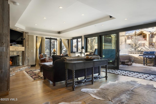 living area featuring wood finished floors, a fireplace, and a raised ceiling