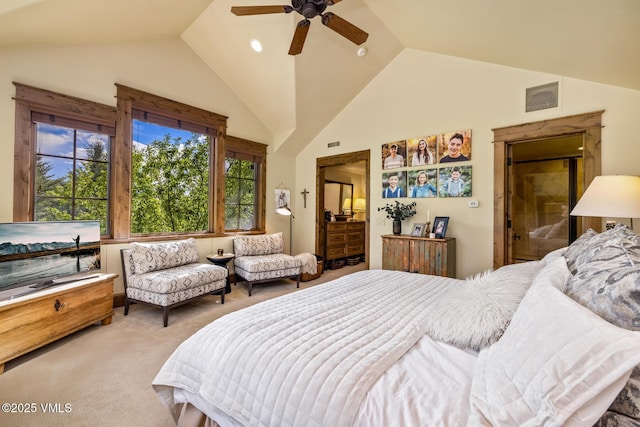 922 June Creek Rd, Edwards, CO 81632 - bedroom with light carpet, high vaulted ceiling, and a ceiling fan