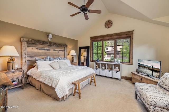 922 June Creek Rd, Edwards, CO 81632 - bedroom with light colored carpet, baseboards, ceiling fan, and high vaulted ceiling