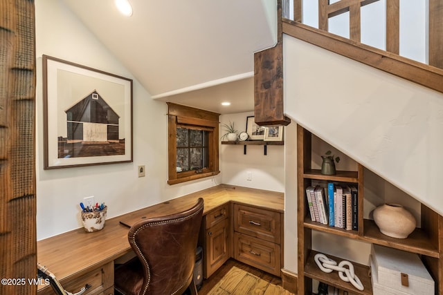922 June Creek Rd, Edwards, CO 81632 - home office with lofted ceiling, light wood-type flooring, and recessed lighting