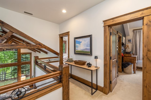 922 June Creek Rd, Edwards, CO 81632 - corridor with an upstairs landing, light carpet, recessed lighting, baseboards, and lofted ceiling