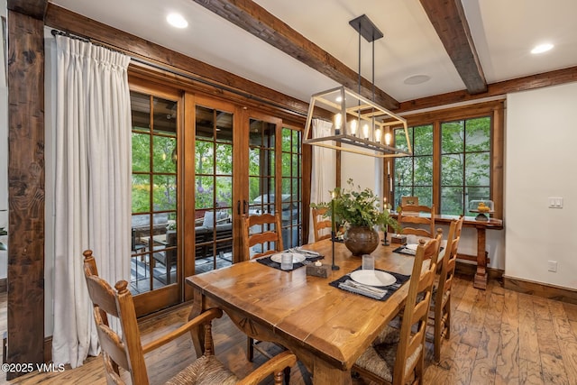 922 June Creek Rd, Edwards, CO 81632 - dining space featuring beam ceiling, hardwood / wood-style flooring, baseboards, recessed lighting, and a chandelier