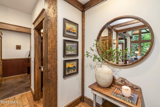 922 June Creek Rd, Edwards, CO 81632 - hallway featuring wood finished floors and beamed ceiling