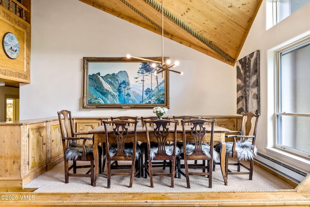 600 Vail Valley Dr Unit 310, Vail, CO 81657 - dining room featuring lofted ceiling, baseboard heating, a chandelier, wood finished floors, and wood ceiling