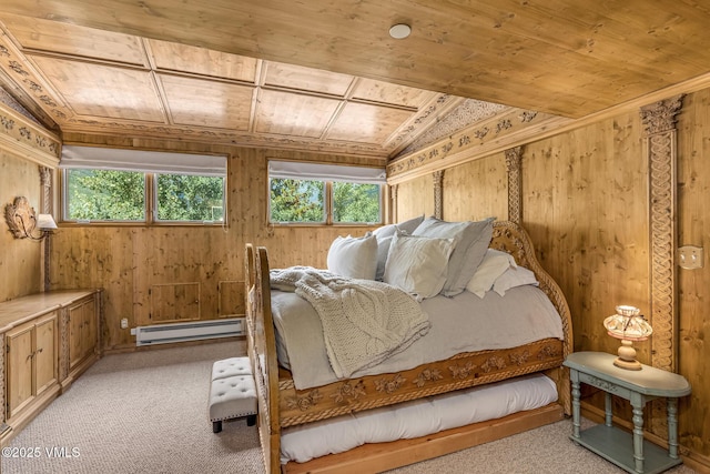 600 Vail Valley Dr Unit 310, Vail, CO 81657 - bedroom featuring wooden ceiling, a baseboard radiator, multiple windows, wooden walls, and light carpet