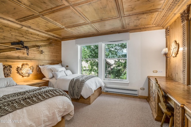 600 Vail Valley Dr Unit 310, Vail, CO 81657 - carpeted bedroom featuring a baseboard radiator, wooden ceiling, wooden walls, and crown molding