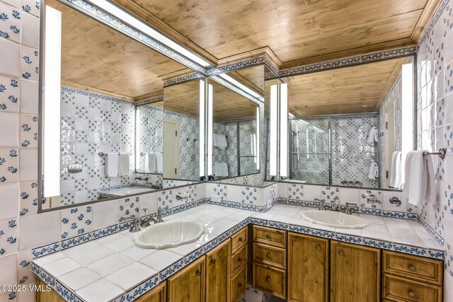600 Vail Valley Dr Unit 310, Vail, CO 81657 - full bath with wooden ceiling, double vanity, backsplash, and a shower stall