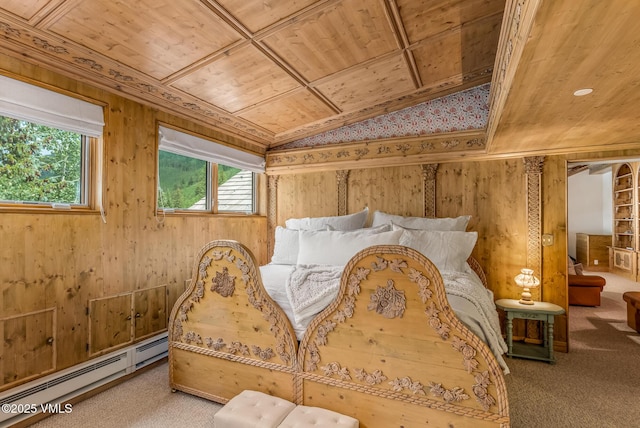 600 Vail Valley Dr Unit 310, Vail, CO 81657 - carpeted bedroom with baseboard heating, wooden ceiling, vaulted ceiling, and wooden walls