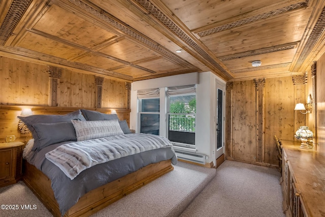 600 Vail Valley Dr Unit 310, Vail, CO 81657 - bedroom with wooden ceiling, wooden walls, light colored carpet, a baseboard radiator, and access to exterior