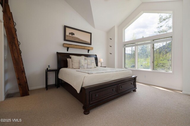 4515 Bighorn Rd, Vail, CO 81657 - bedroom featuring light carpet, baseboards, and vaulted ceiling