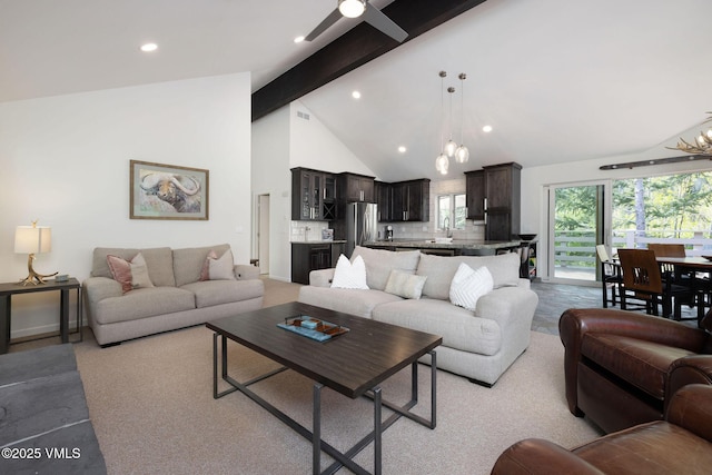 4515 Bighorn Rd, Vail, CO 81657 - living room with beam ceiling, a ceiling fan, recessed lighting, and high vaulted ceiling