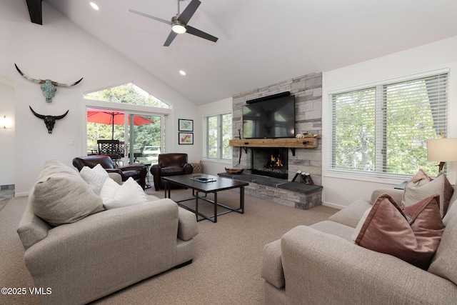 4515 Bighorn Rd, Vail, CO 81657 - carpeted living area with ceiling fan, a fireplace, recessed lighting, high vaulted ceiling, and baseboards