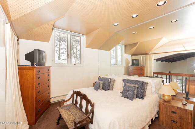 carpeted bedroom with vaulted ceiling and a baseboard radiator