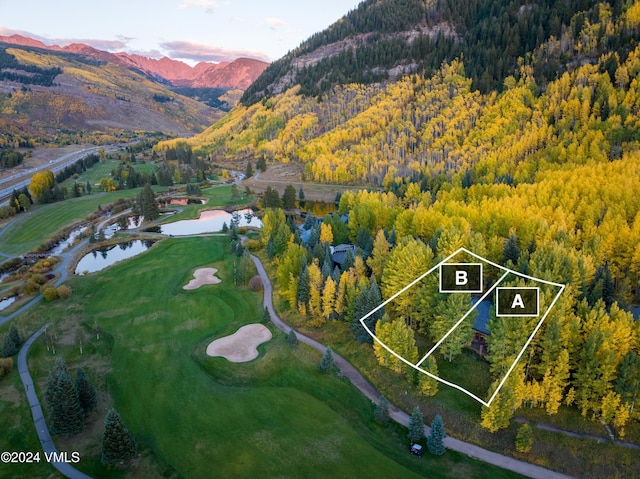 bird's eye view featuring a water and mountain view