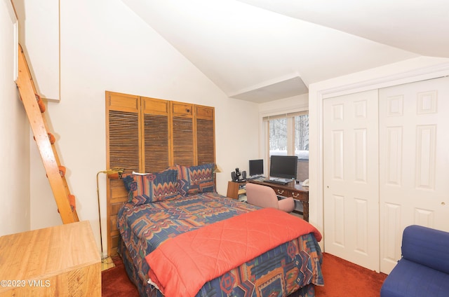 carpeted bedroom with vaulted ceiling