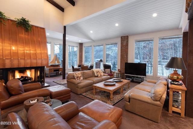 living room featuring wood ceiling, beam ceiling, carpet floors, and high vaulted ceiling