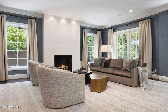 450 Steele St, Denver, CO 80236 - living room with ornamental molding, healthy amount of natural light, a fireplace, and recessed lighting