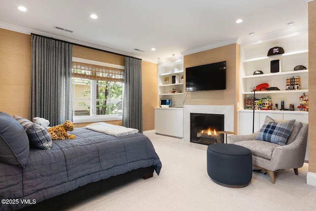 450 Steele St, Denver, CO 80236 - bedroom featuring ornamental molding, light carpet, a fireplace with flush hearth, and recessed lighting
